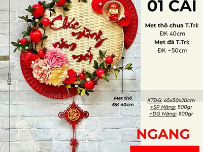 Vòng treo cửa mẹt tre Chúc Mừng Năm Mới cành lựu quạt Đỏ [Vòng nhẹ] N50cm VTC-T-46